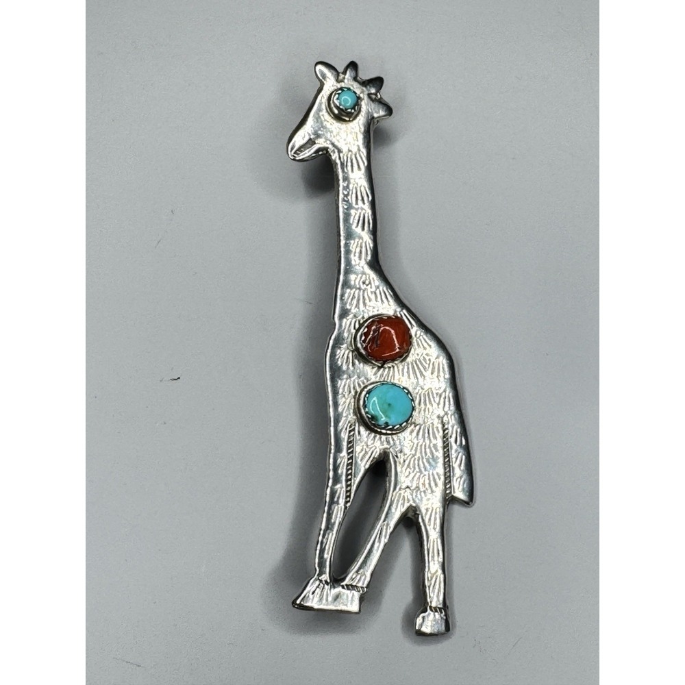 Navajo Huge Sterling Silver Giraffe Brooch Turquoise & Coral 16.4g - Picture 8 of 10